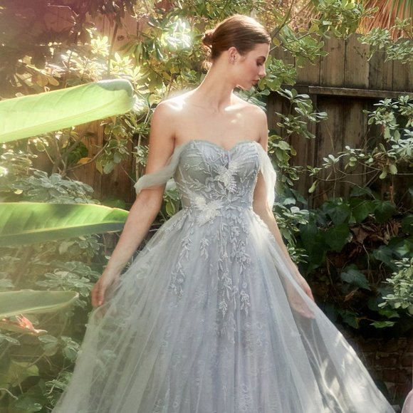 NEW LONG OFF SHOULDER EMBROIDERED A-LINE TULLE DRESS WITH ZIPPER BACK AL A1149 - Picture 1 of 5